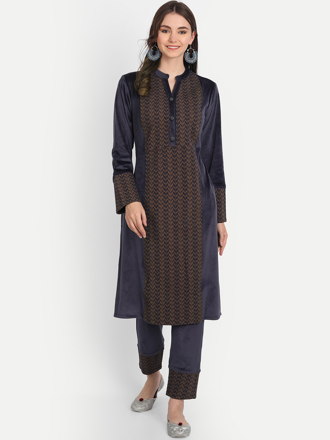 HK colours of fashion Women Blue & Brown Printed Panelled Velvet Kurta with Trouser Set