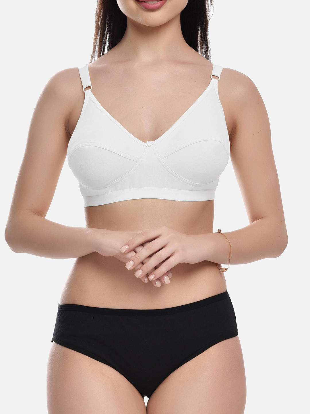 FIMS Women White & Black Solid Non Padded Cotton Lingerie Set