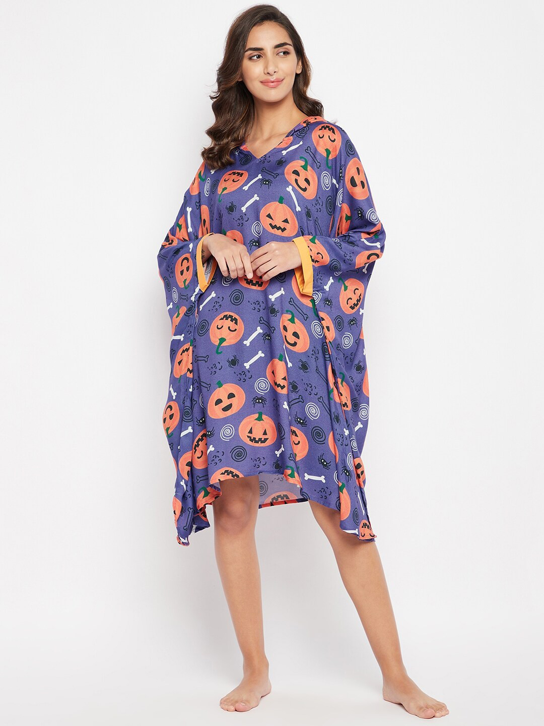 The Kaftan Company Women Purple Halloween Printed Modal Hooded Nightdress