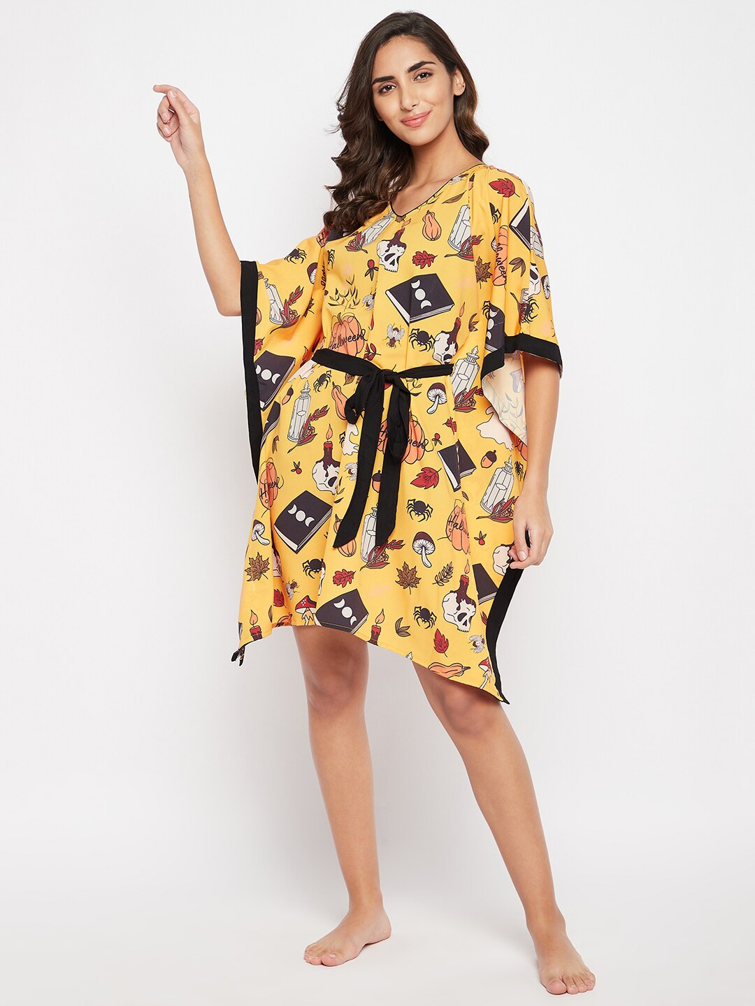 The Kaftan Company Women Yellow Halloween Printed Nightdress