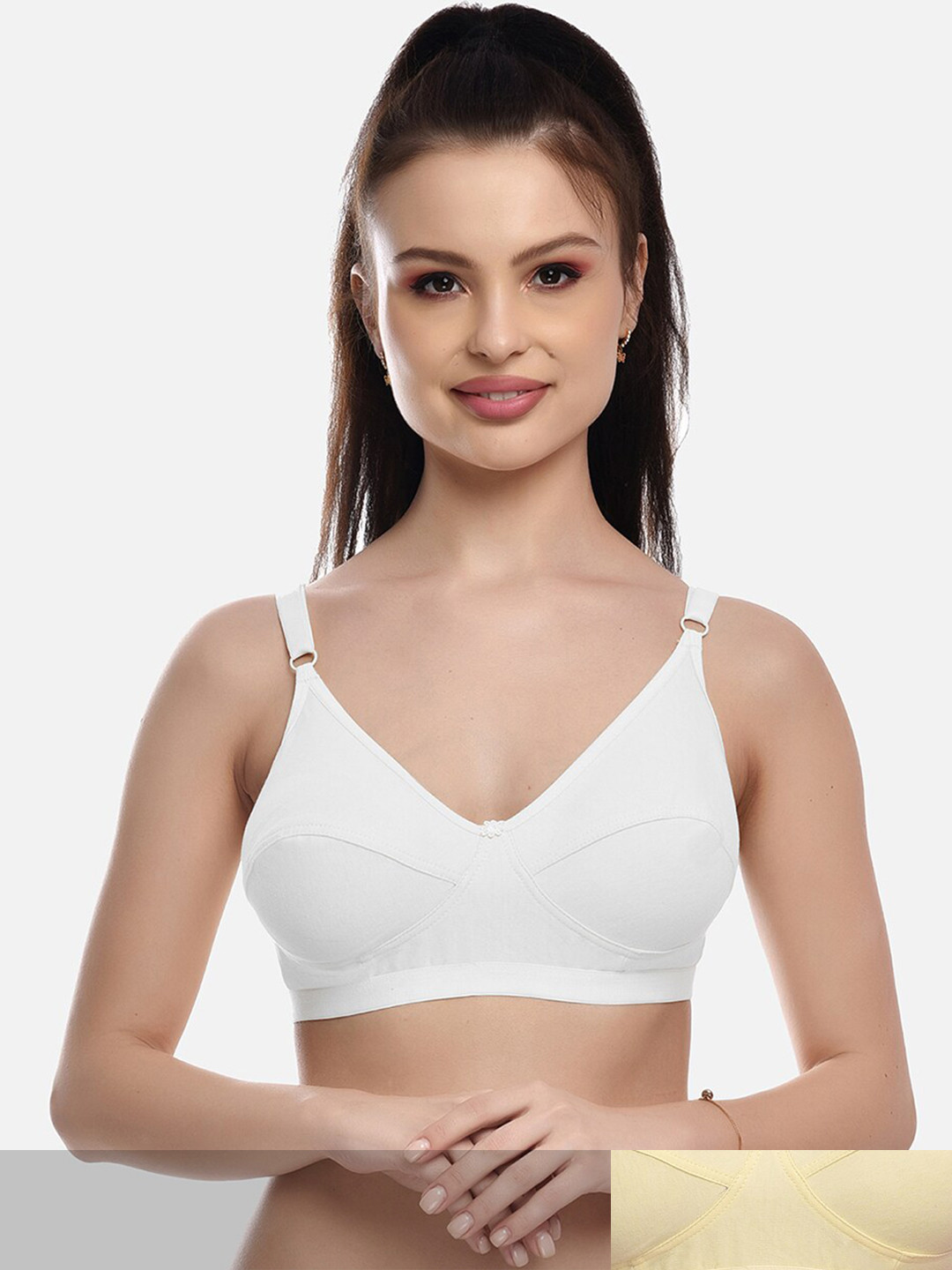 FIMS Women Pack Of 2 White & Beige Solid Cotton Non Padded Bra