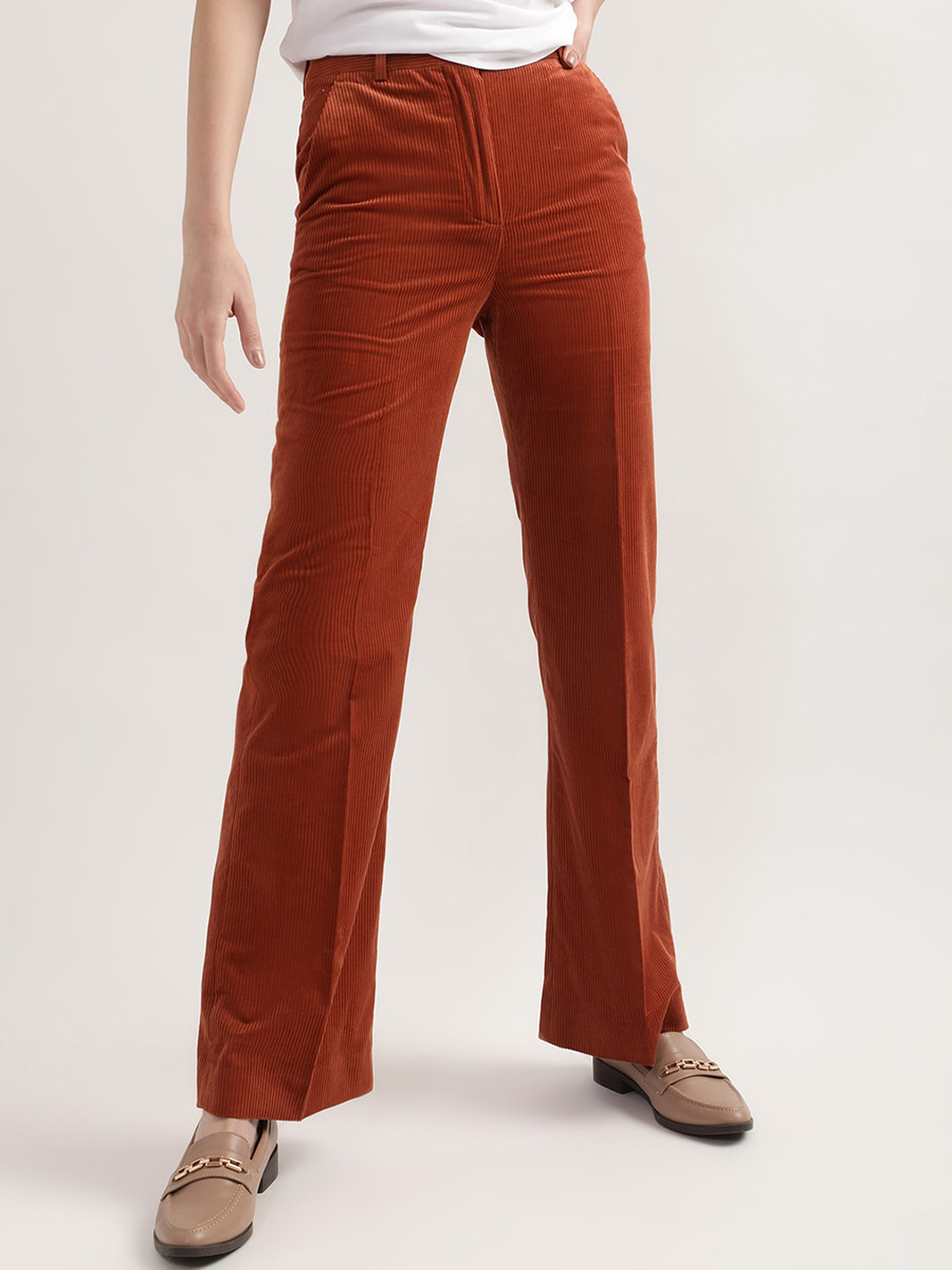 GANT Women Rust Striped Cotton Straight Fit Bootcut Trousers
