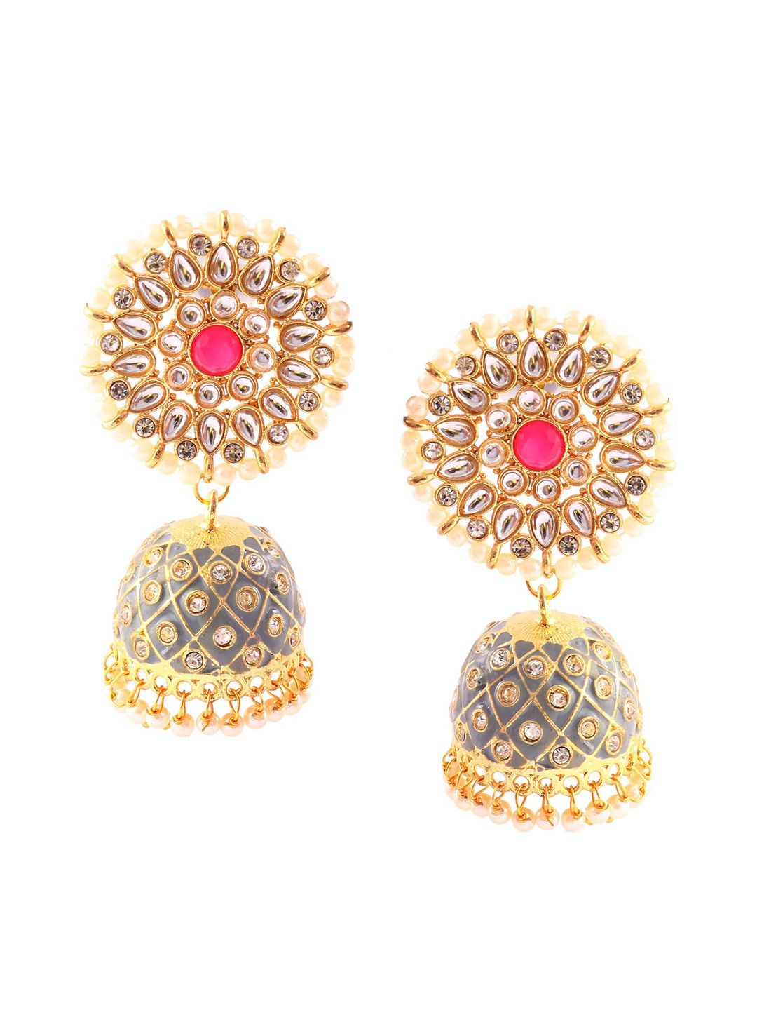 Jewar Mandi Grey & Gold Plated Dome Shaped Jhumkas Earrings