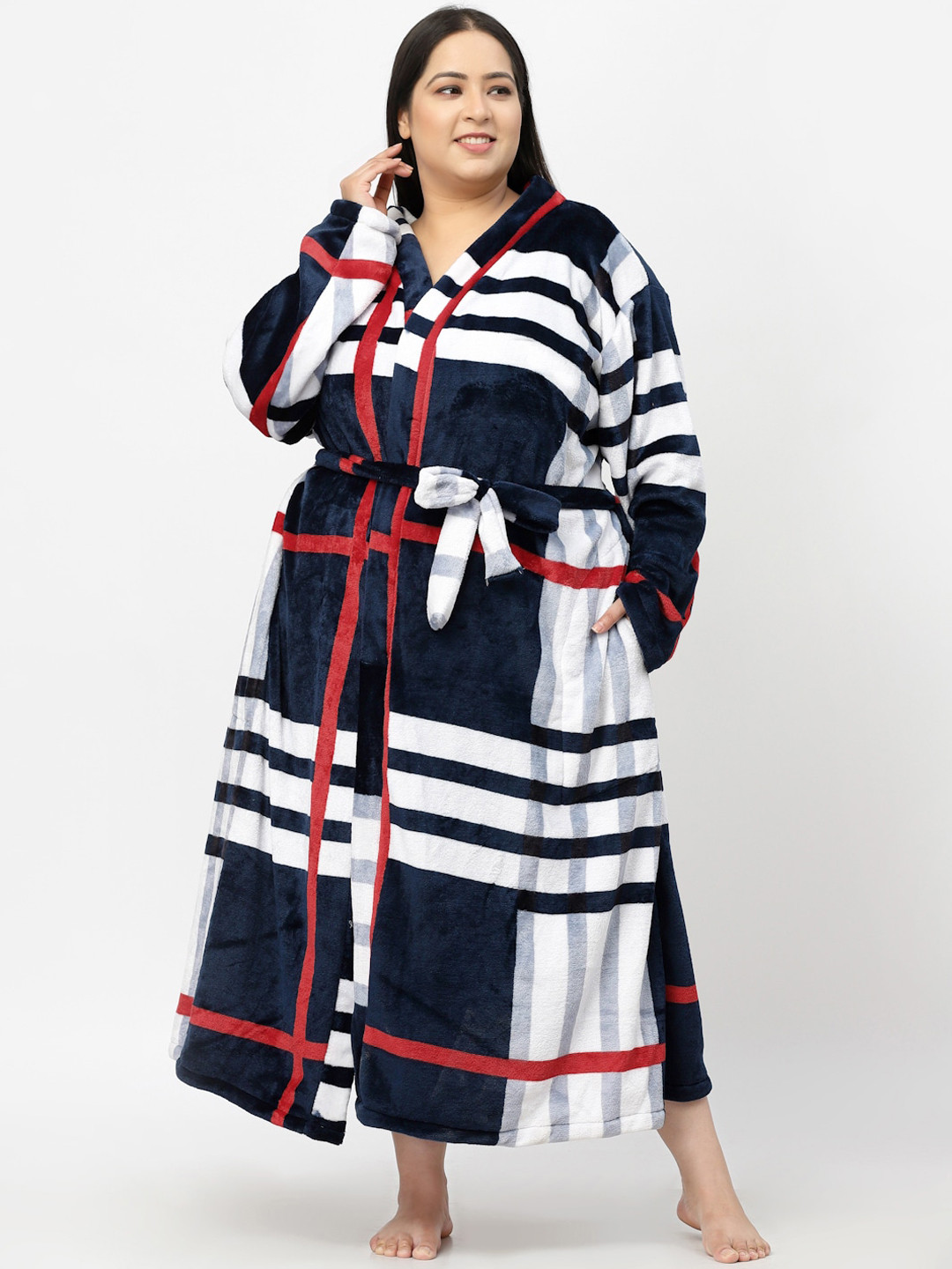KLOTTHE Plus Size Striped Woolen Bath Robe With Belt