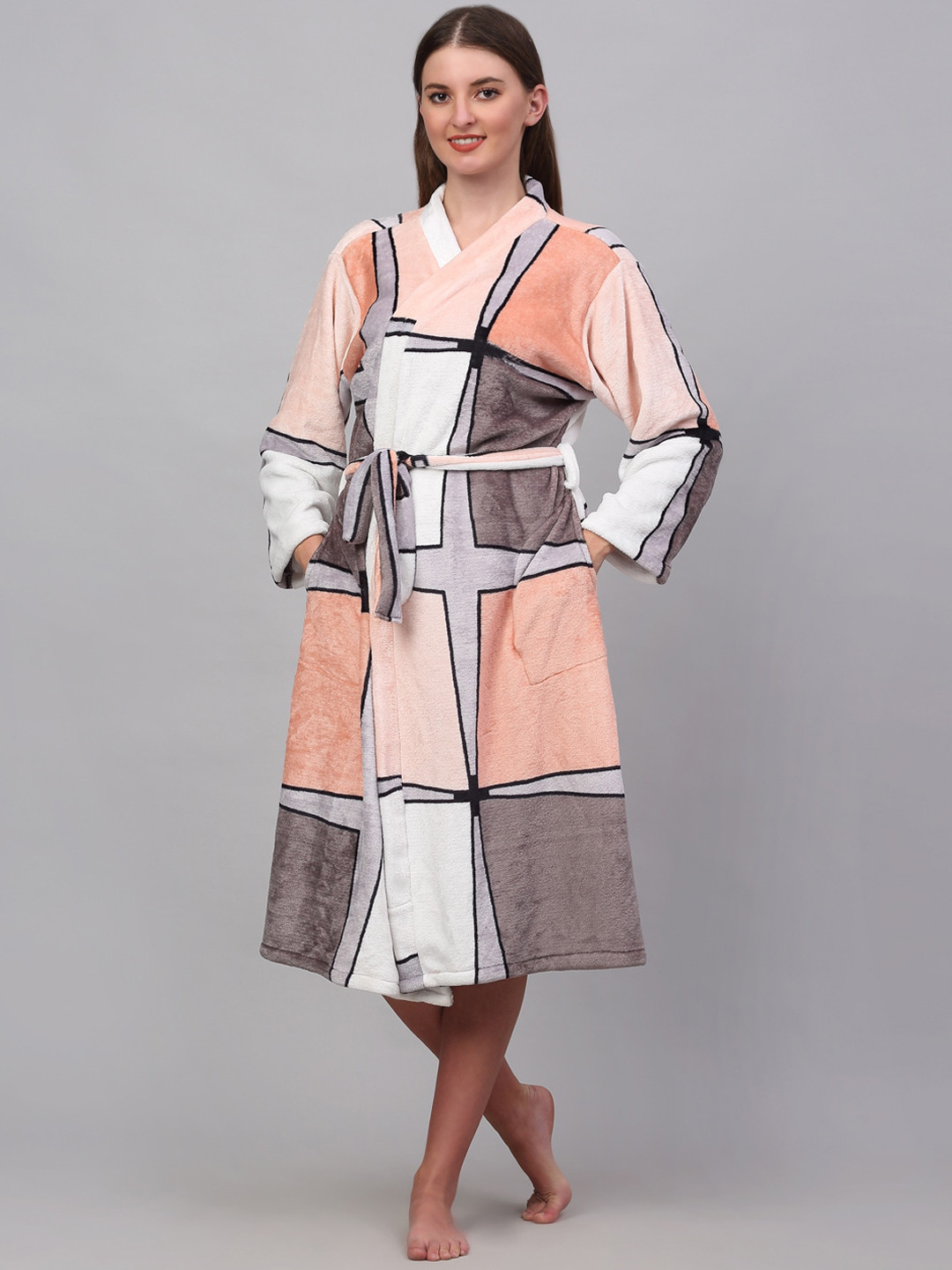 KLOTTHE Peach Colorblock Cotton Drawstring Midi Bath Robe-S