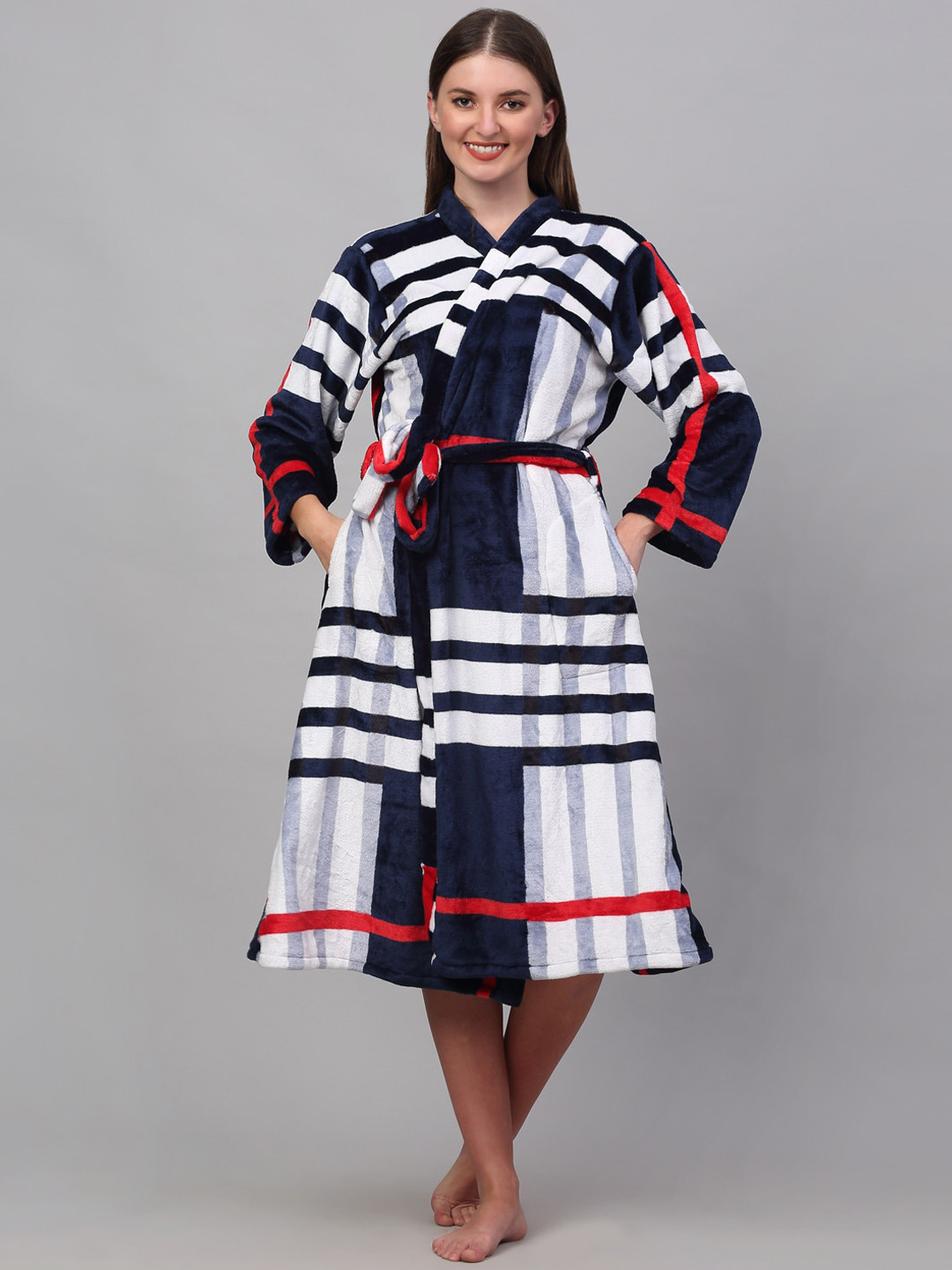 KLOTTHE Striped Woolen Bath Robe With Belt