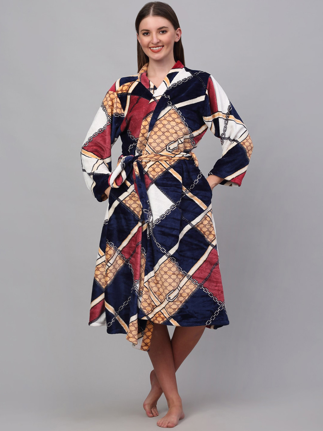 KLOTTHE Navy Blue Geometric Wool Drawstring Midi Bath Robe-S