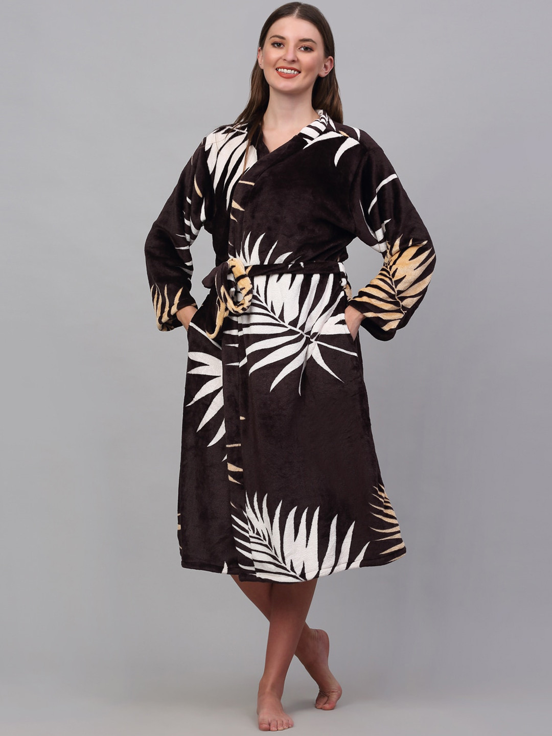 KLOTTHE Women Brown Printed Bath Robe With Belt