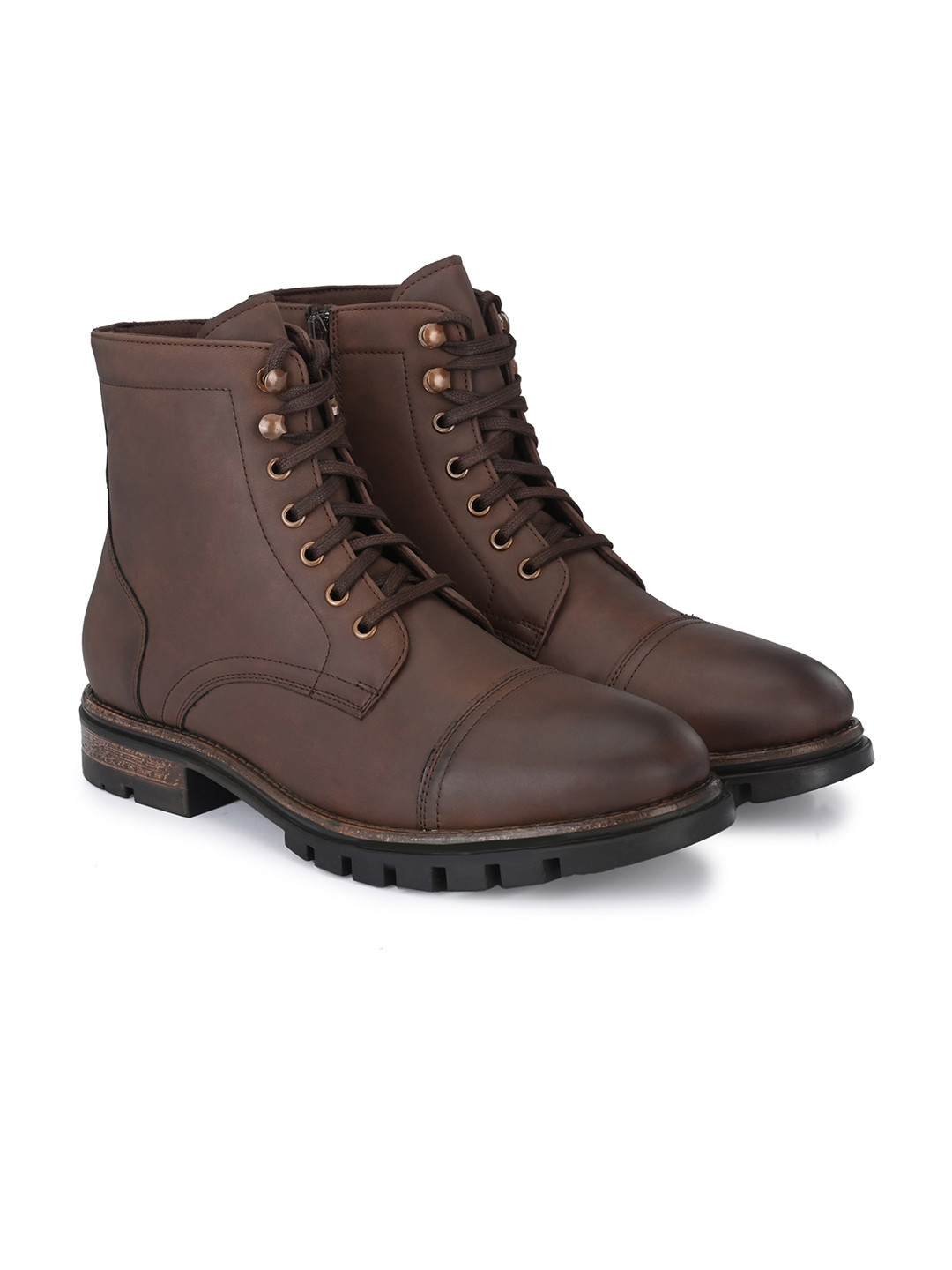 Delize Men Brown Solid Mid Top Leather Biker Boots