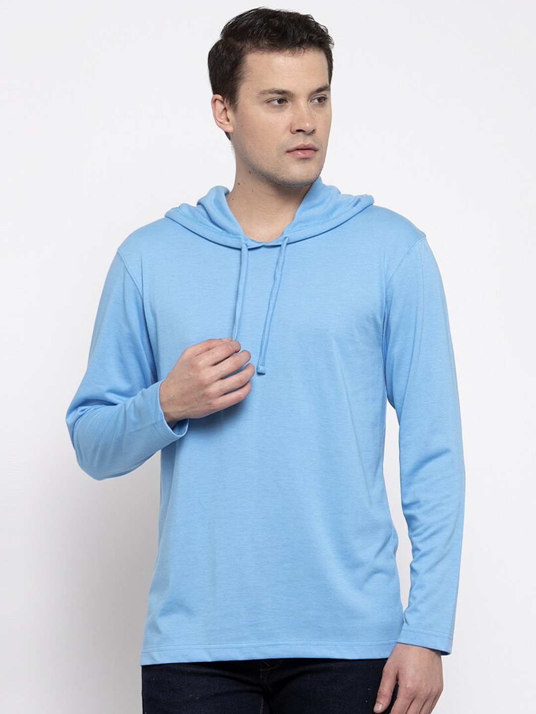 Friskers Men Turquoise Blue Solid Cotton Long Sleeves Hooded T-shirt