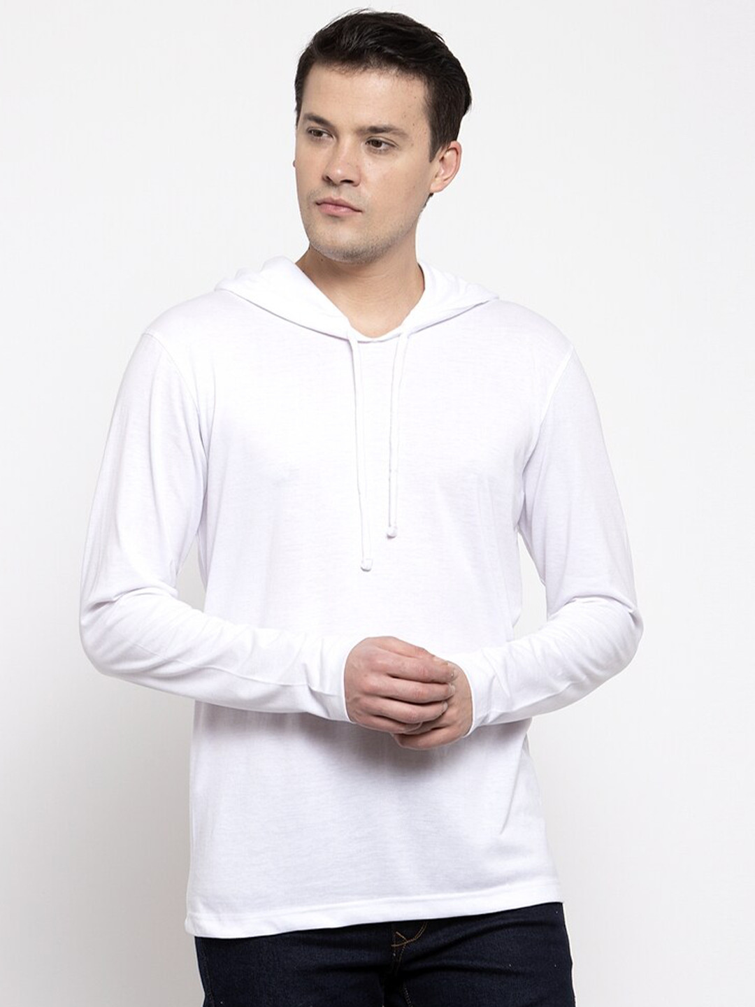 Friskers Men White Solid Cotton Long Sleeves Hooded T-shirt
