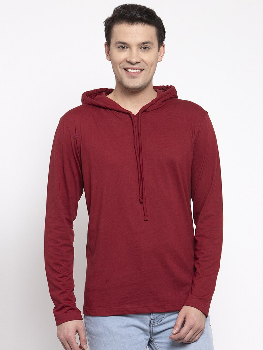 Friskers Men Maroon Solid Cotton Long Sleeves Hooded T-shirt