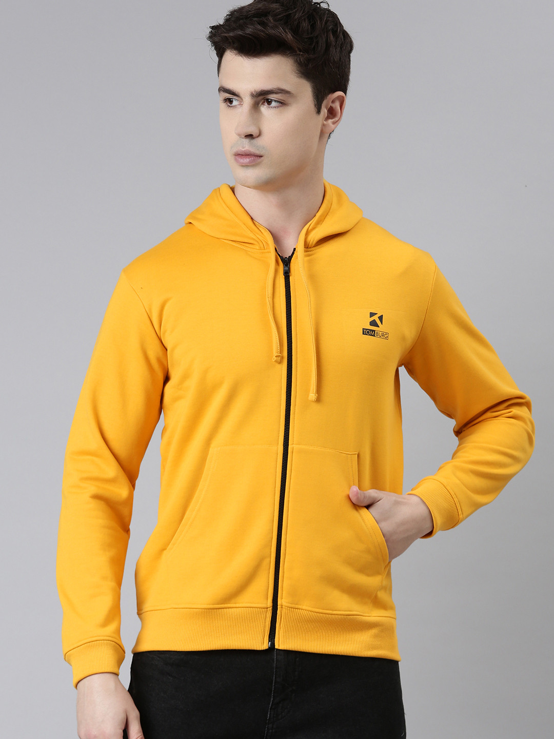 TOM BURG Men Mustard Hooded Fleece Sweatshirt