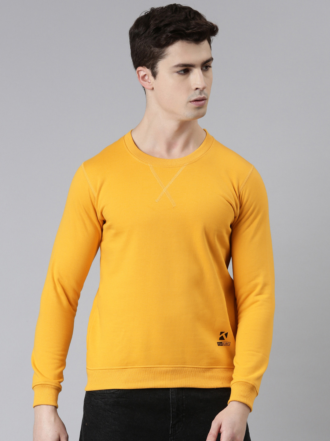TOM BURG Men Mustard Yellow Solid Fleece Sweatshirt