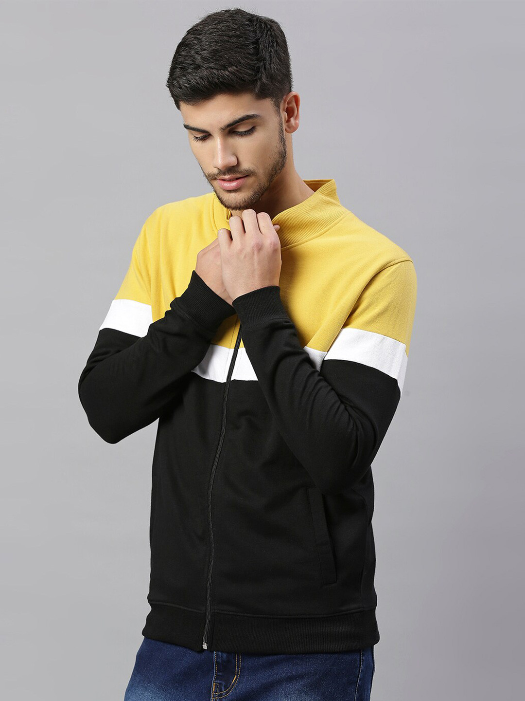 Dennis Lingo Men Yellow & Black Colourblocked Hooded Sweatshirt