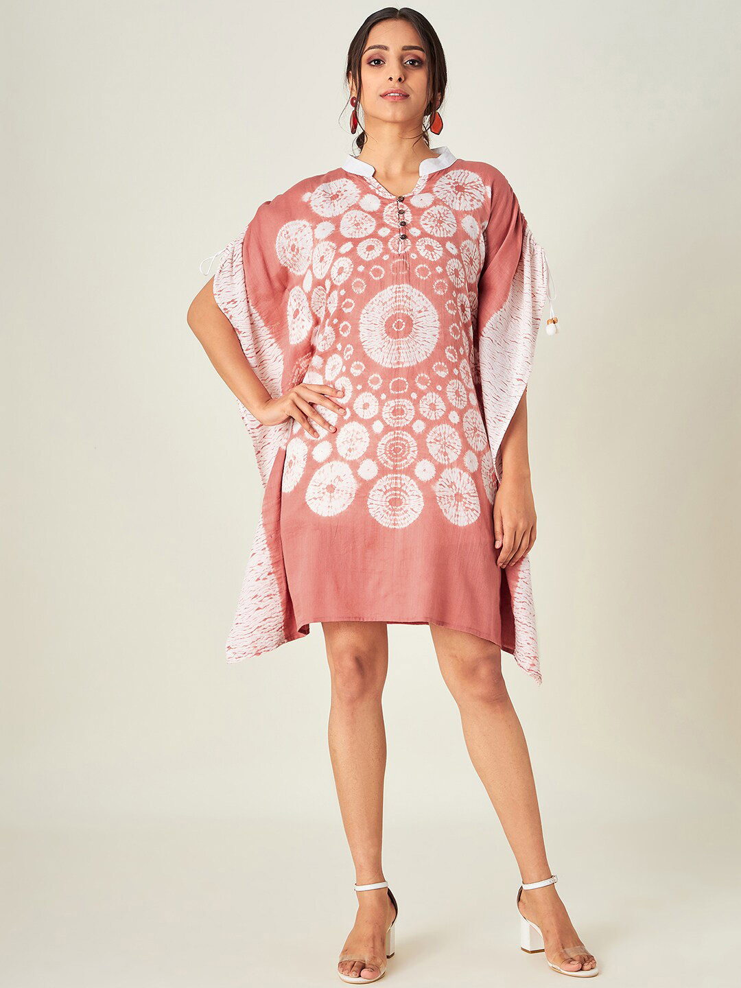 The Kaftan Company Peach-Coloured & White Cotton Floral Kaftan Dress