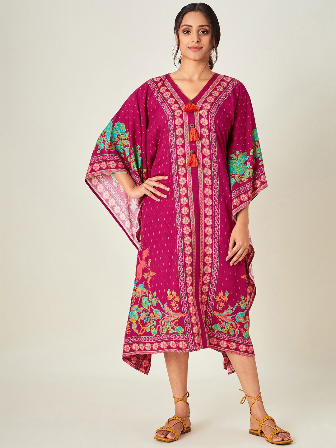 The Kaftan Company Pink & Beige Floral Kaftan Midi Dress