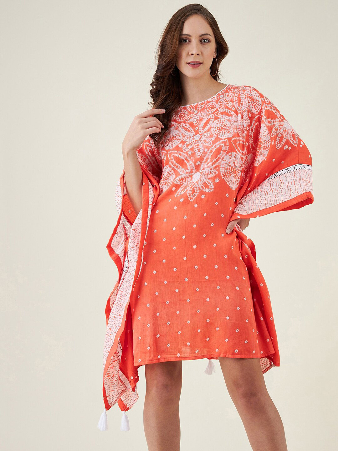 The Kaftan Company Women Orange & White Floral Cotton Kaftan Dress