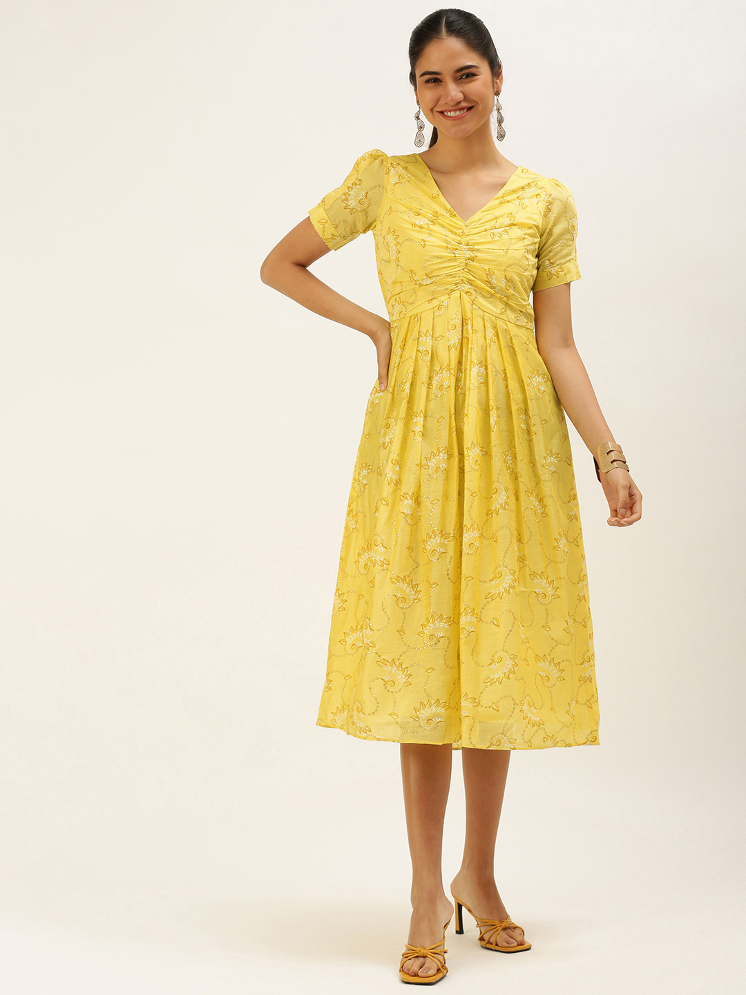 Ethnovog Yellow Foil Print Art Silk Ethnic A-Line Dress