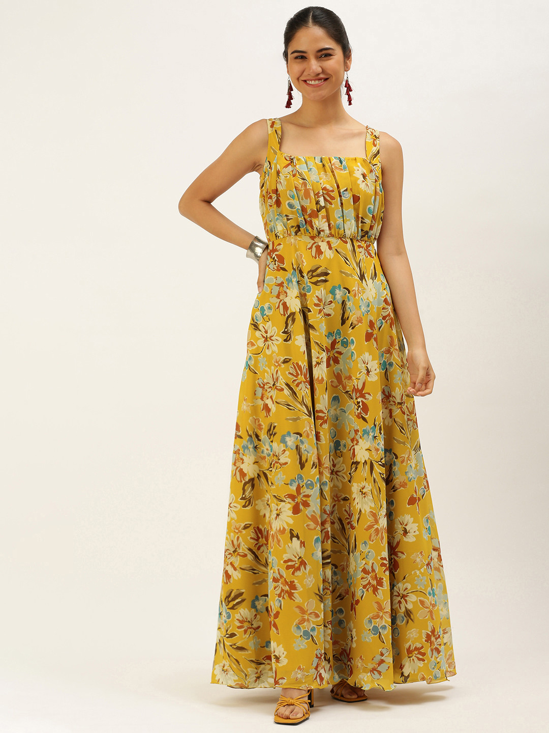 Ethnovog Yellow Floral Print Georgette Ethnic Maxi Maxi Dress