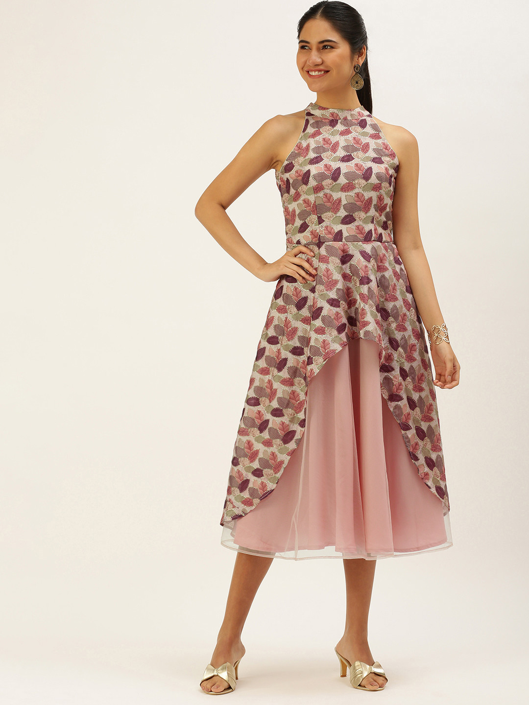 Ethnovog Beige  Pink Printed Asymmetric Layered Ethnic Dress