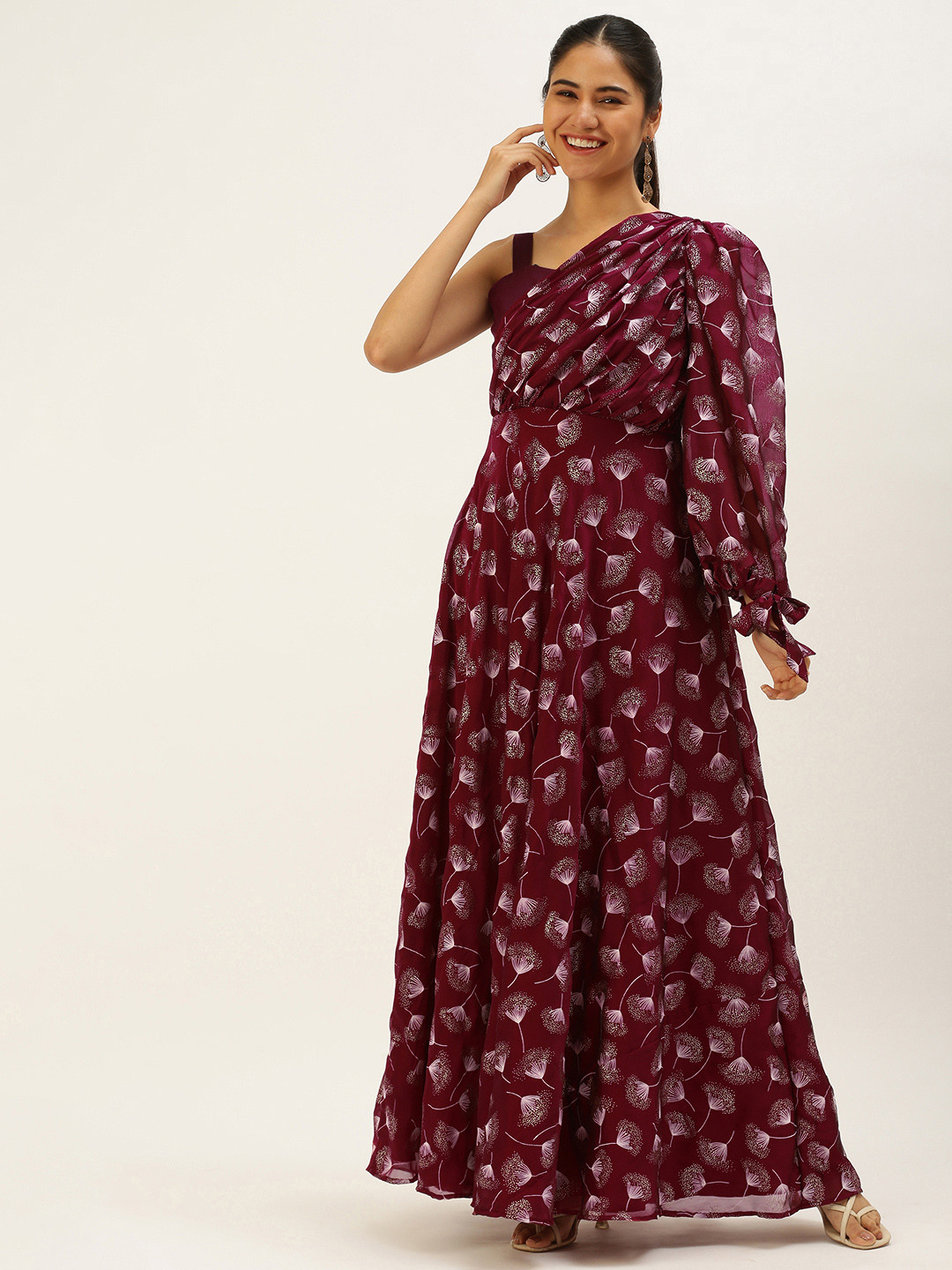 Ethnovog Maroon Foil Print One Shoulder Satin Finish Maxi Dress