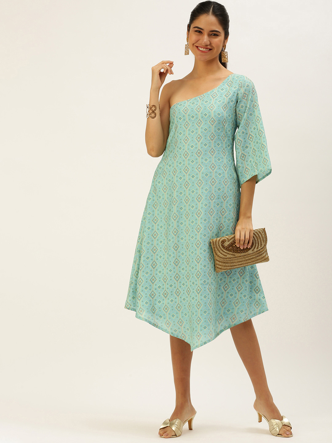 Ethnovog Blue Ethnic Motifs Print Satin Finish One Shoulder Dress