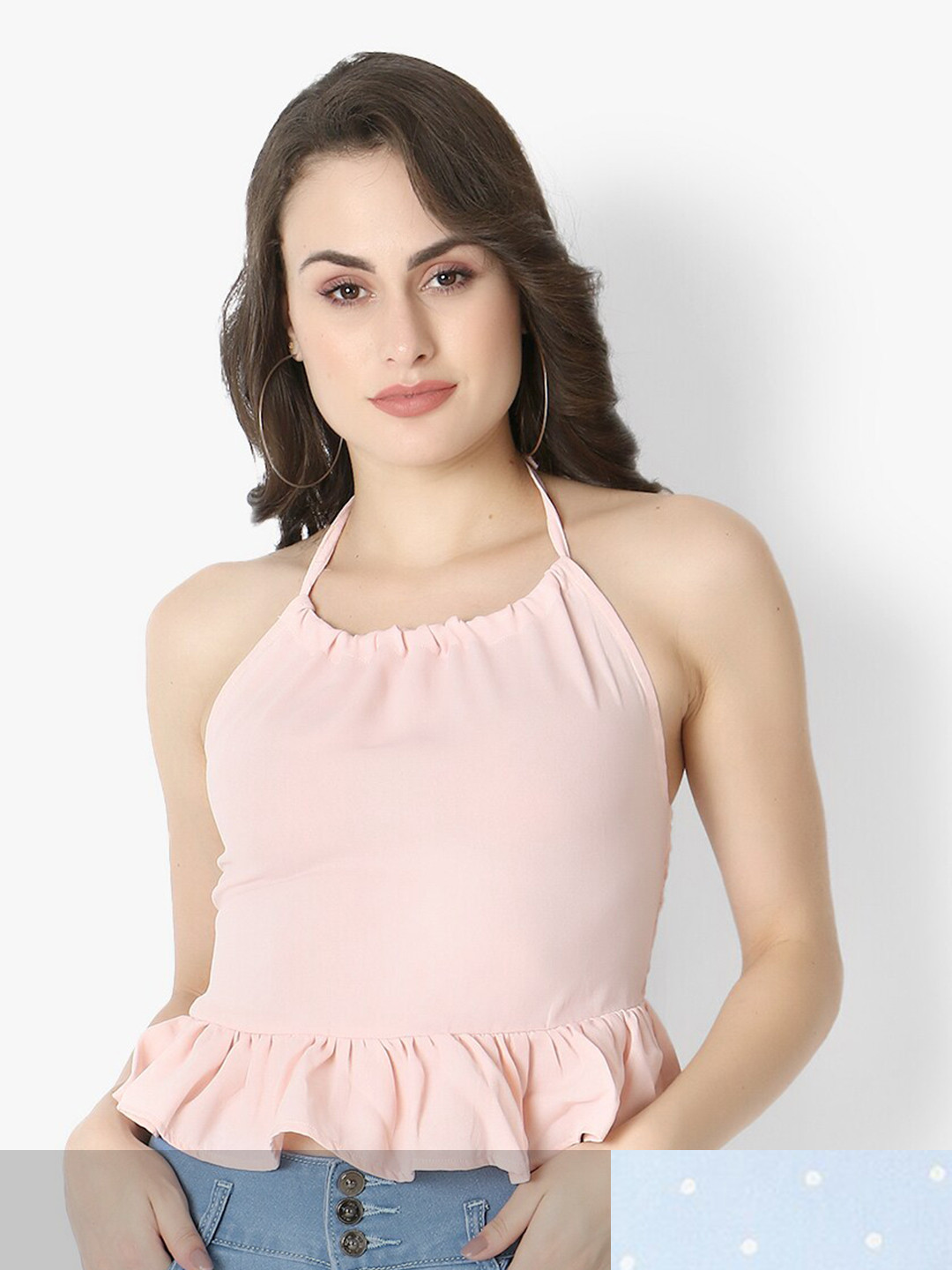 Again fashions Women Pack of 2 Peach & Blue Halter Neck Smocked Crop Top