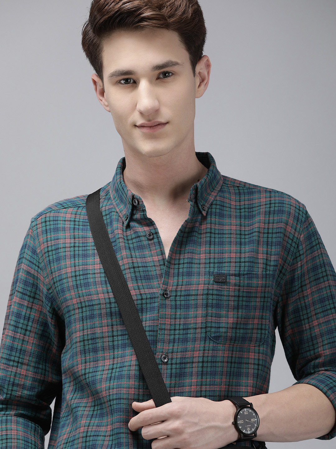 THE BEAR HOUSE Men Green and Blue Checked Slim Fit Casual Shirt