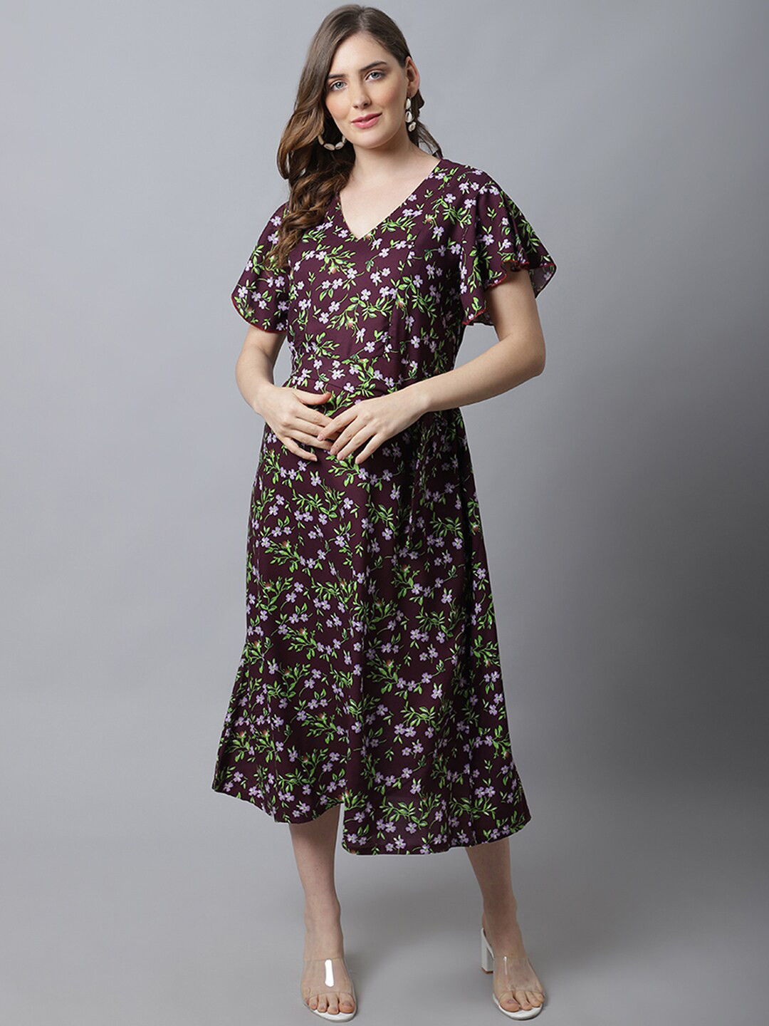 Frempy Brown Floral Maternity A-Line Midi Dress