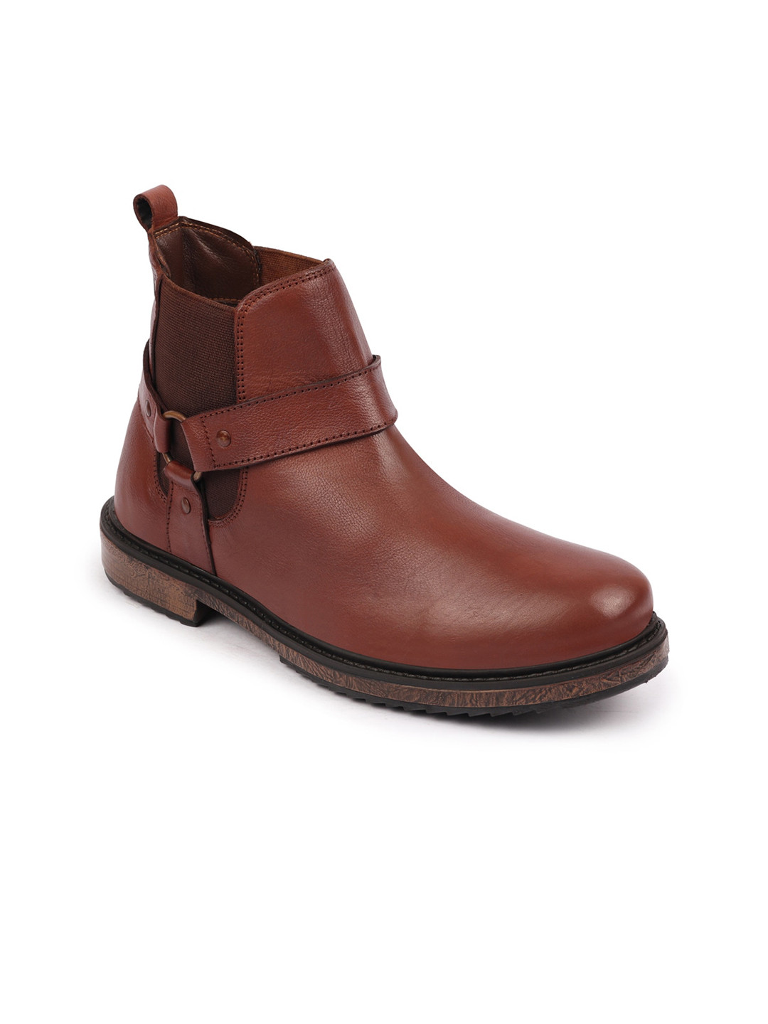 FAUSTO Men Tan Solid Leather Side Ring Buckle Design, Flatforms Chelsea Boots