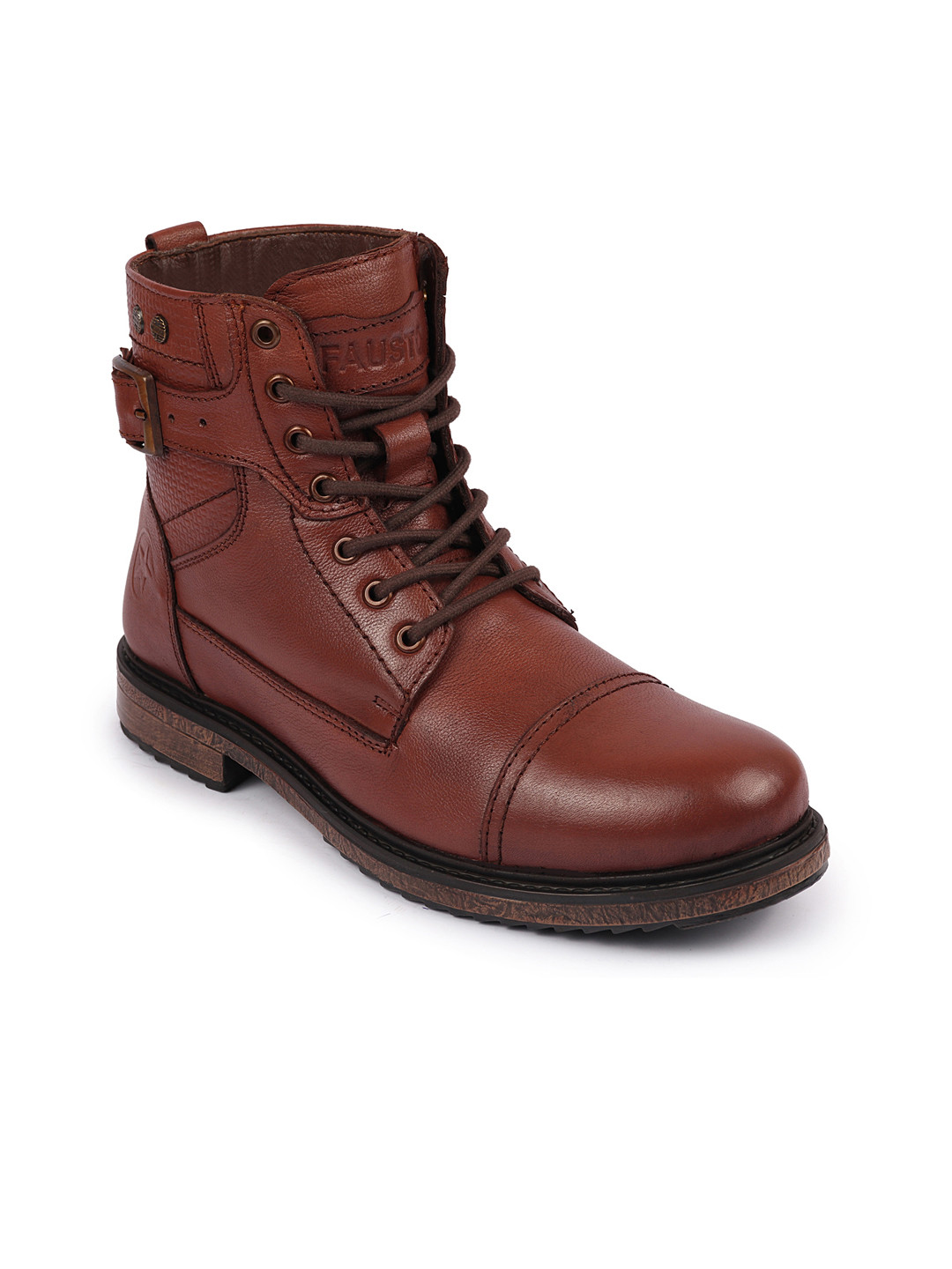 FAUSTO Men Tan Brown Solid Lace-Up Buckle Strap Leather Regular Winter Boots