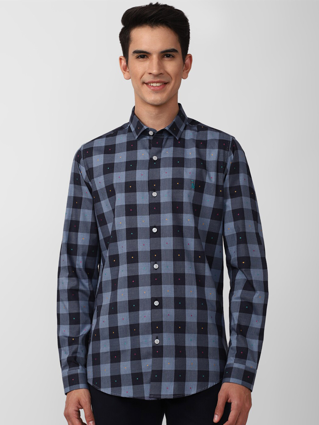 SIMON CARTER LONDON Men Blue Slim Fit Buffalo Checks Pure Cotton Casual Shirt