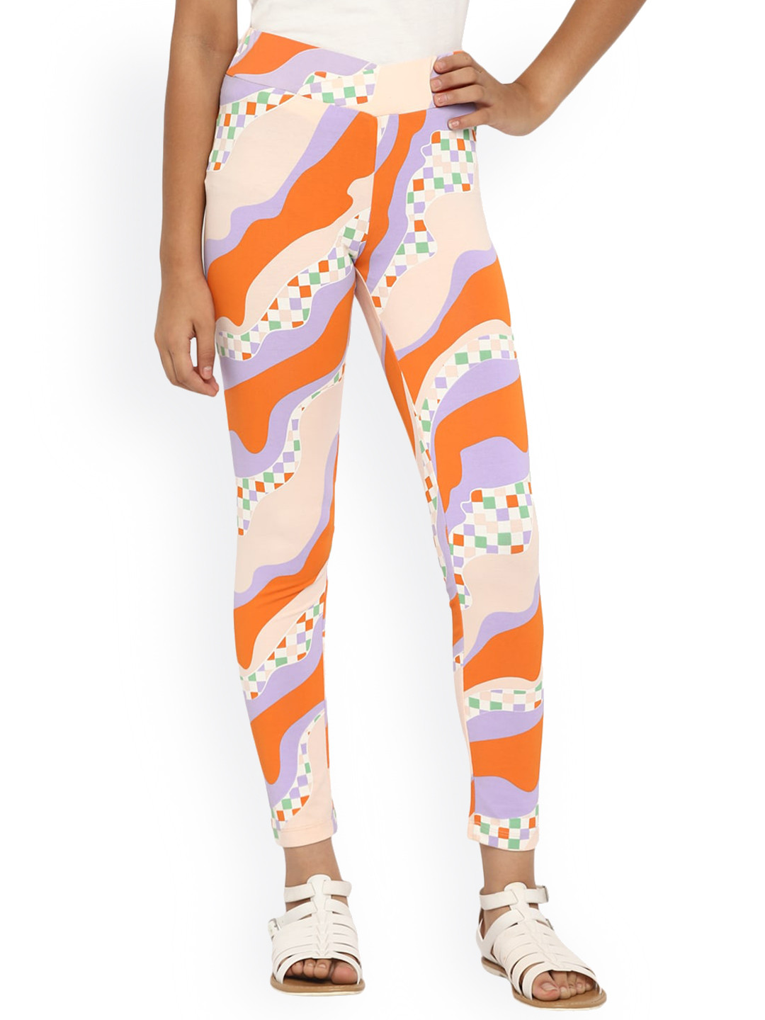 SPUNKIES Girls Orange & Peach-Coloured Printed Cotton Ankle-Length Leggings