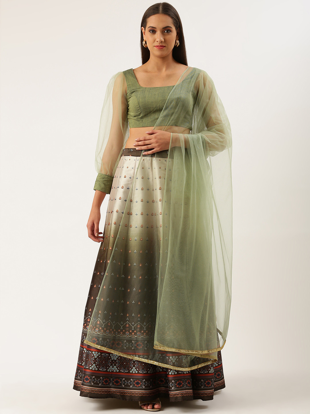 Ethnovog Green  Brown Ready to Wear Lehenga  Blouse With Dupatta