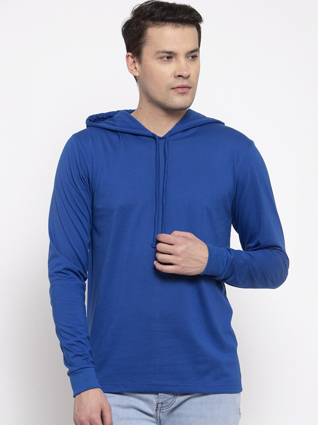 Friskers Women Blue Solid Long Sleeve Cotton Hooded T-shirt