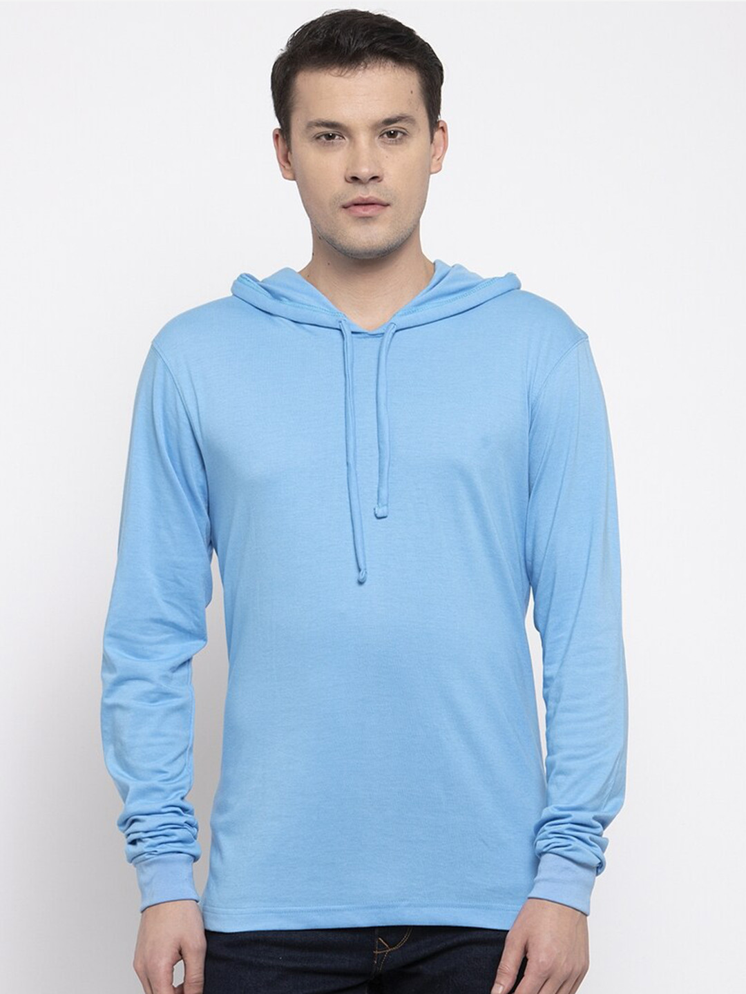Friskers Men Turquoise Blue Cotton Solid Hoodie T-shirt