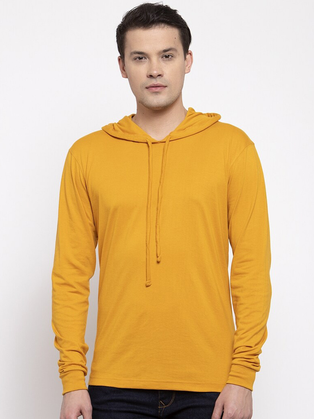Friskers Men Gold Cotton Solid Hoodie T-shirt