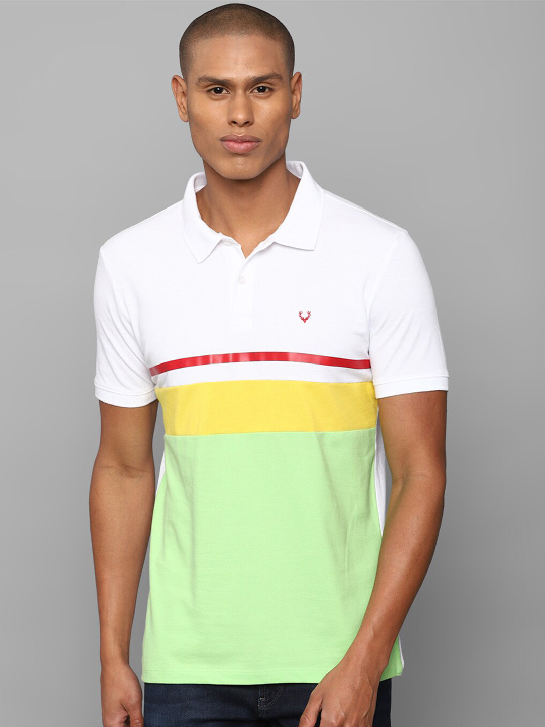 Allen Solly Men White & Green Striped Polo Collar T-shirt