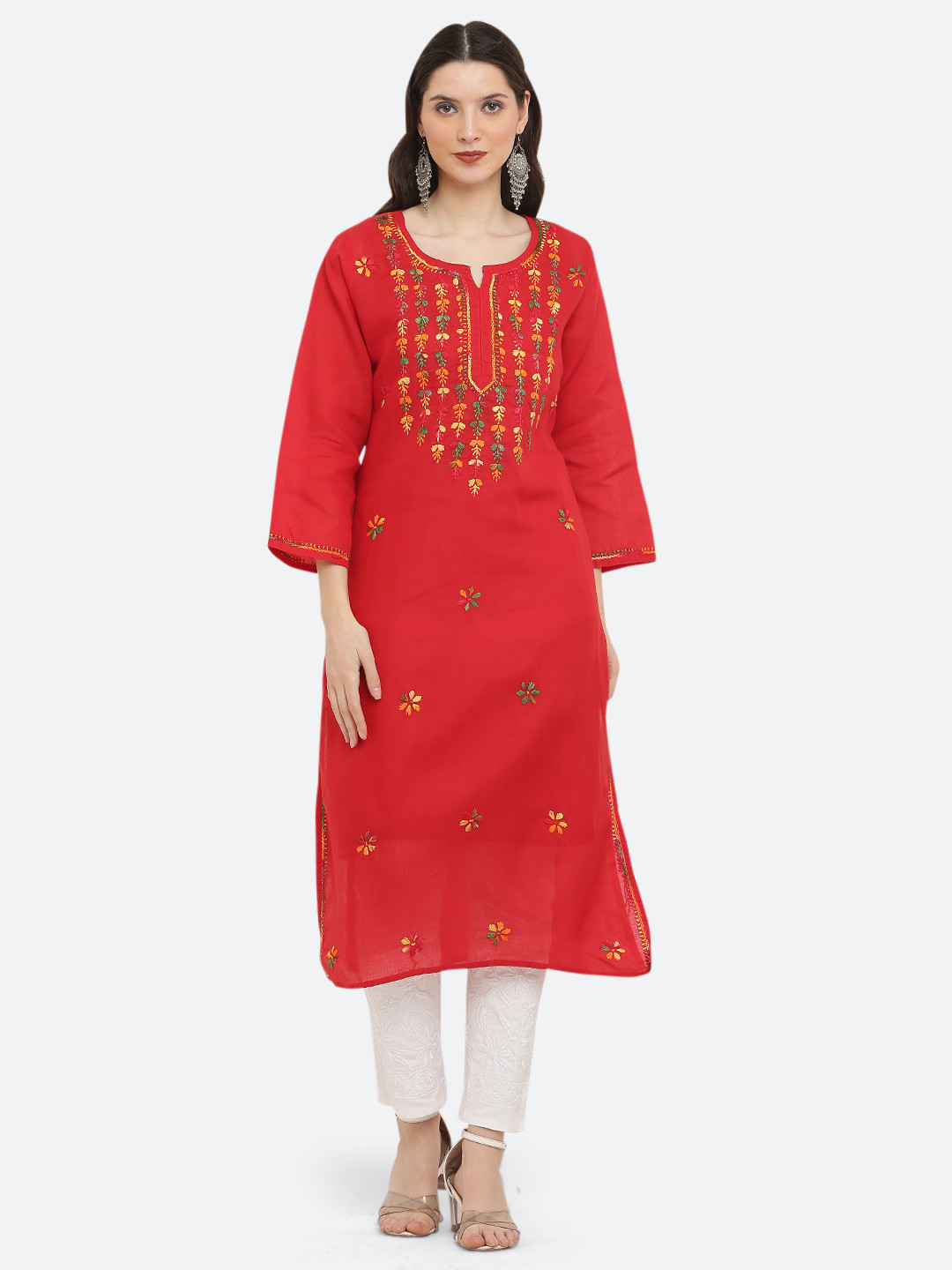 FAWOMENT Women Red Ethnic Motifs Embroidered Chikankari Cotton Kurta
