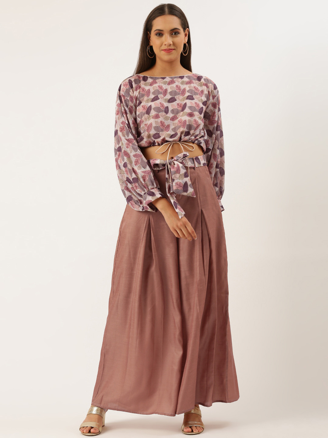 Ethnovog Women Pink  Purple Ethnic Print Sequin Ready To Wear Top with Palazzos