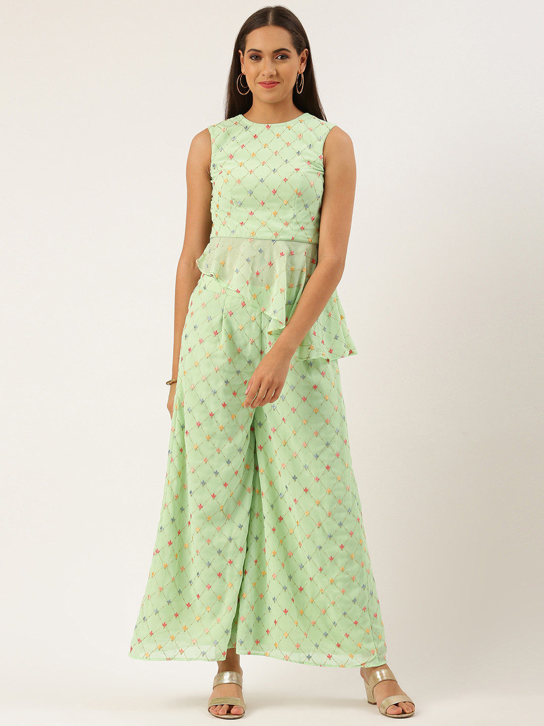 Ethnovog Women Sage Green Ethnic Embroidered Ready To Wear Top with Palazzo