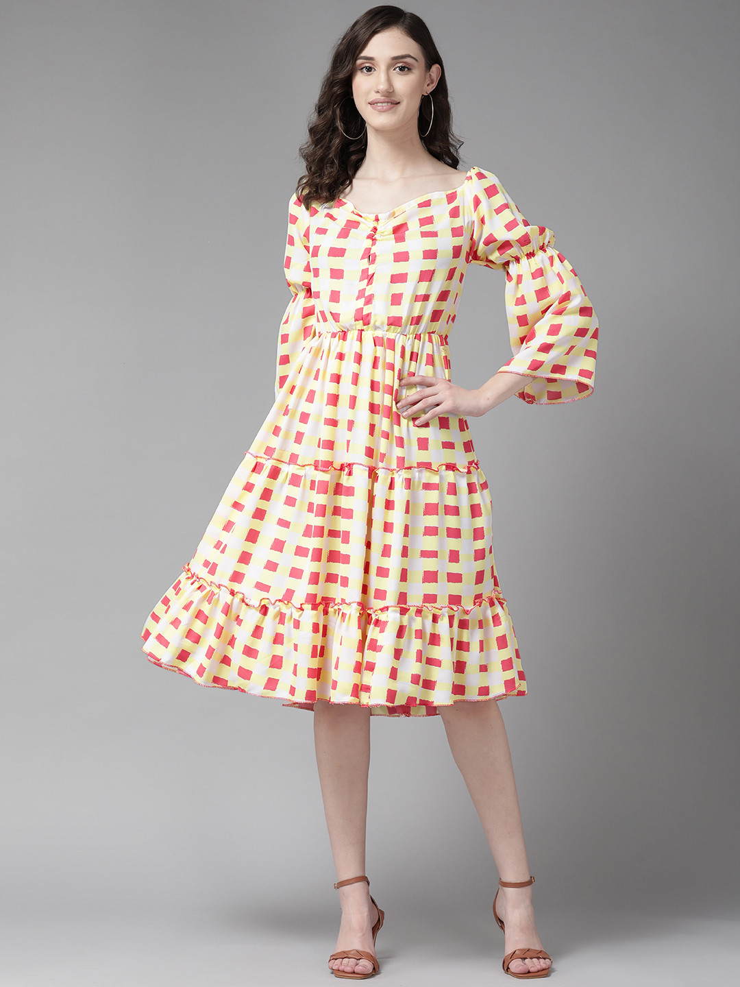 Aarika Women Red & Yellow Checked Fit & Flare Midi Dress