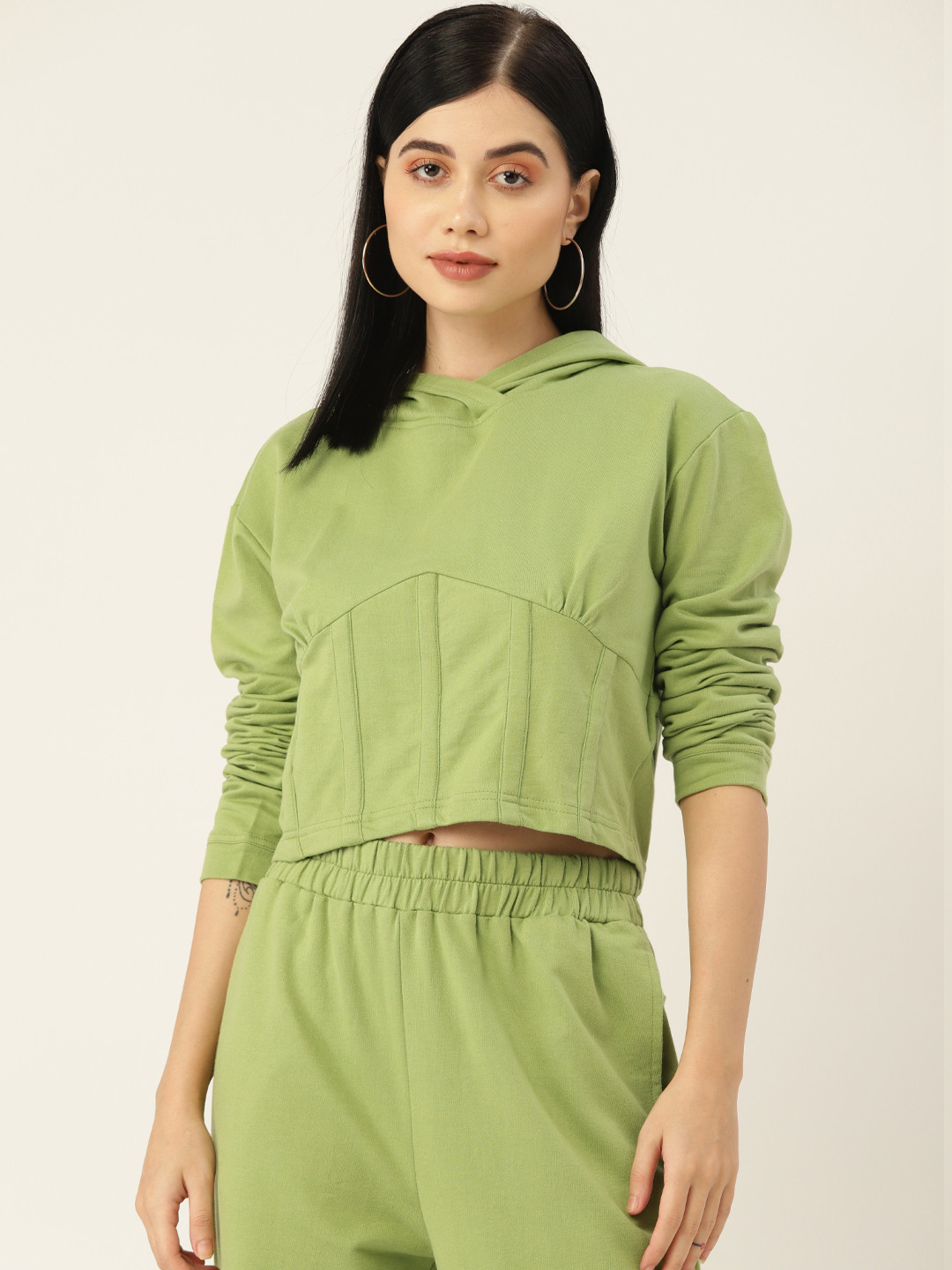 Antheaa Women Green Solid Hooded Sweatshirt