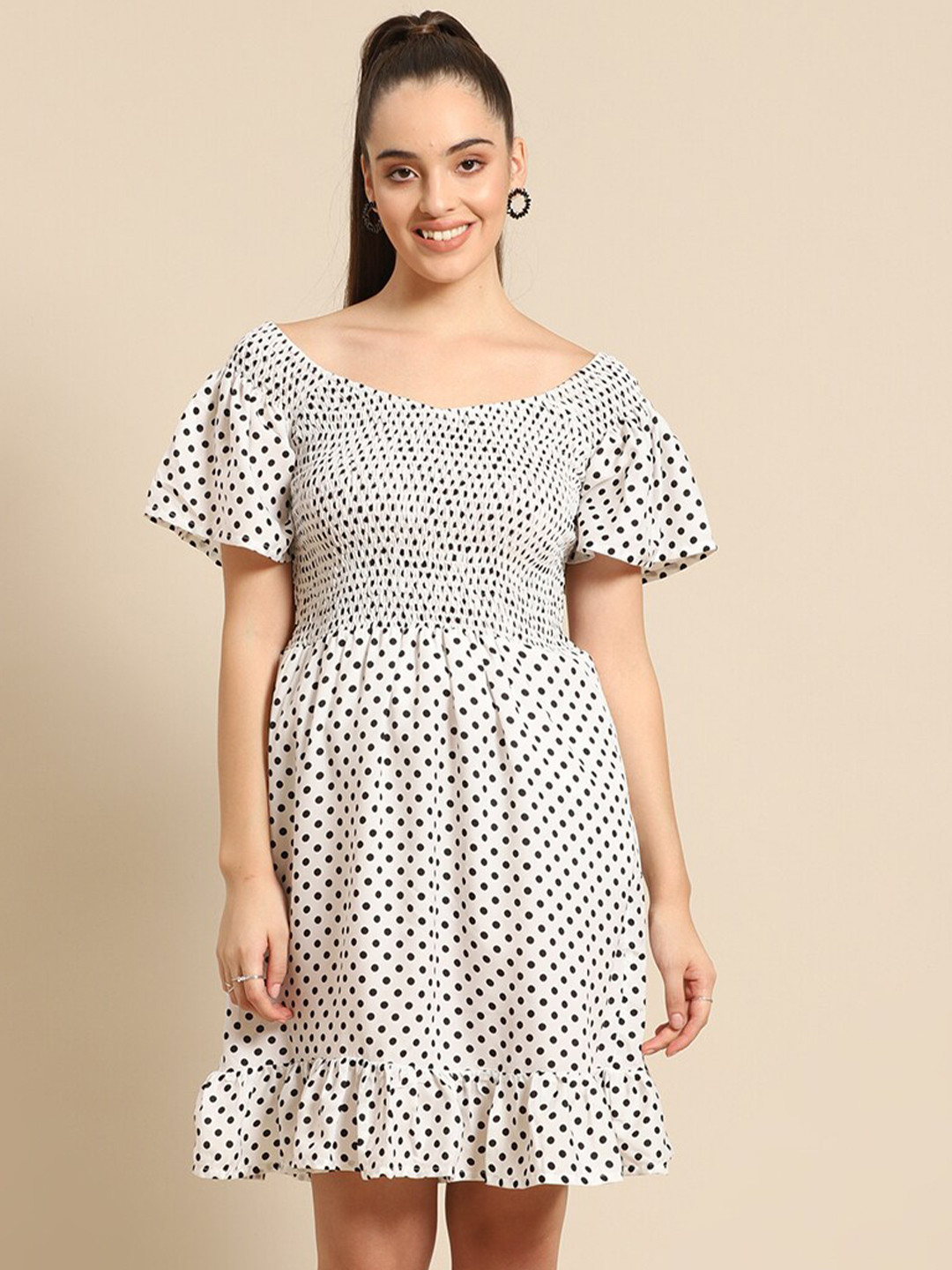 DODO & MOA Women White & Black Polka Dots Printed Fit and Flare Dress