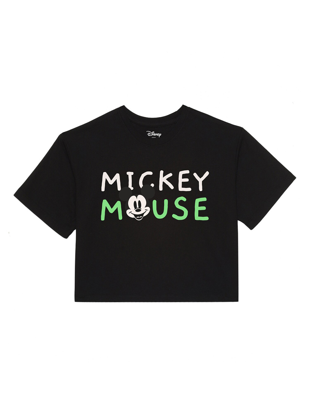Disney by Wear Your Mind Girls Black Printed Round Neck Cropped Pure Cotton T-shirt