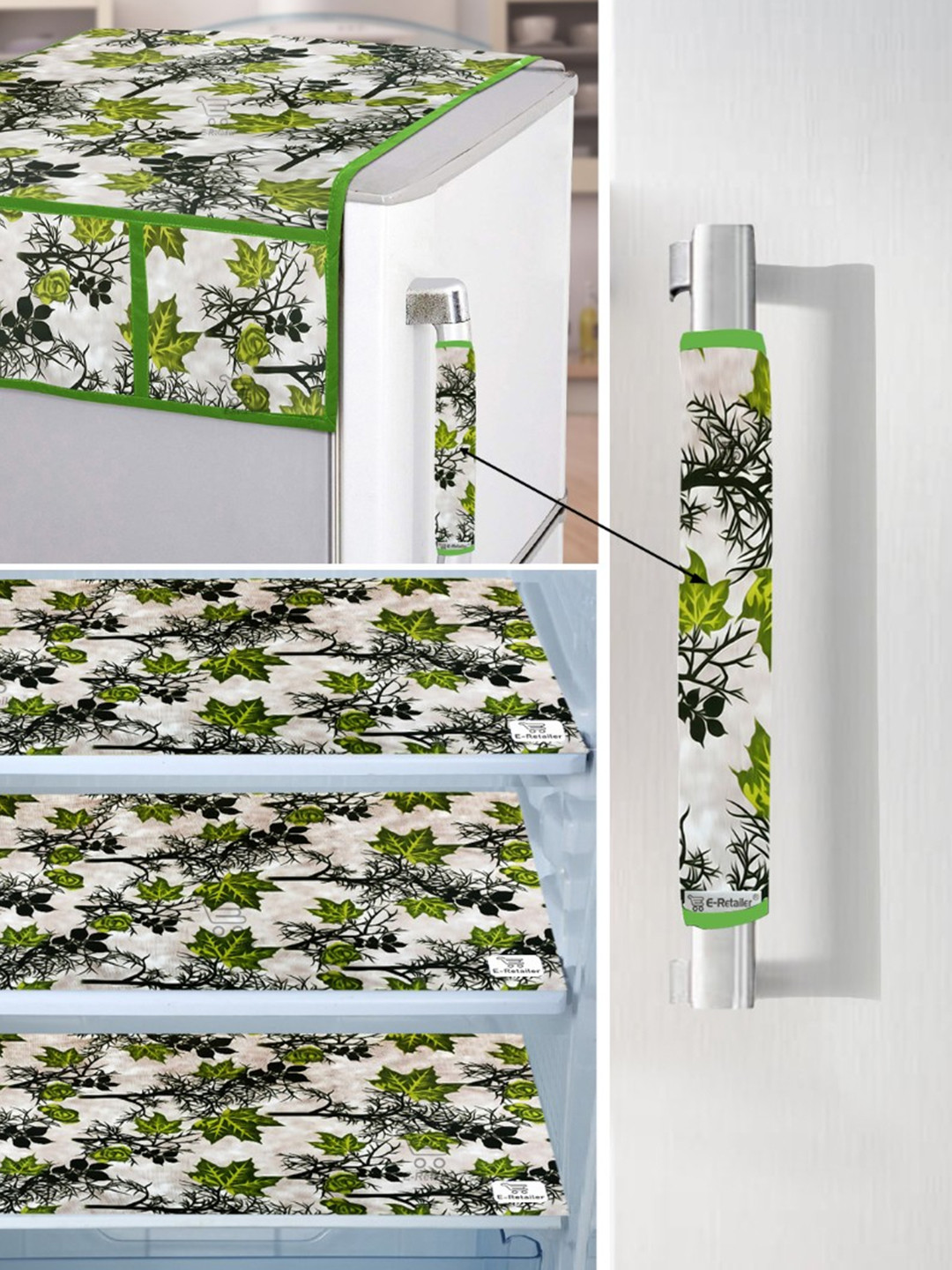 E-Retailer 5 Pieces Set of 1 Refrigerator Top Cover 1 Fridge Handle Cover & 3 Fridge Mats