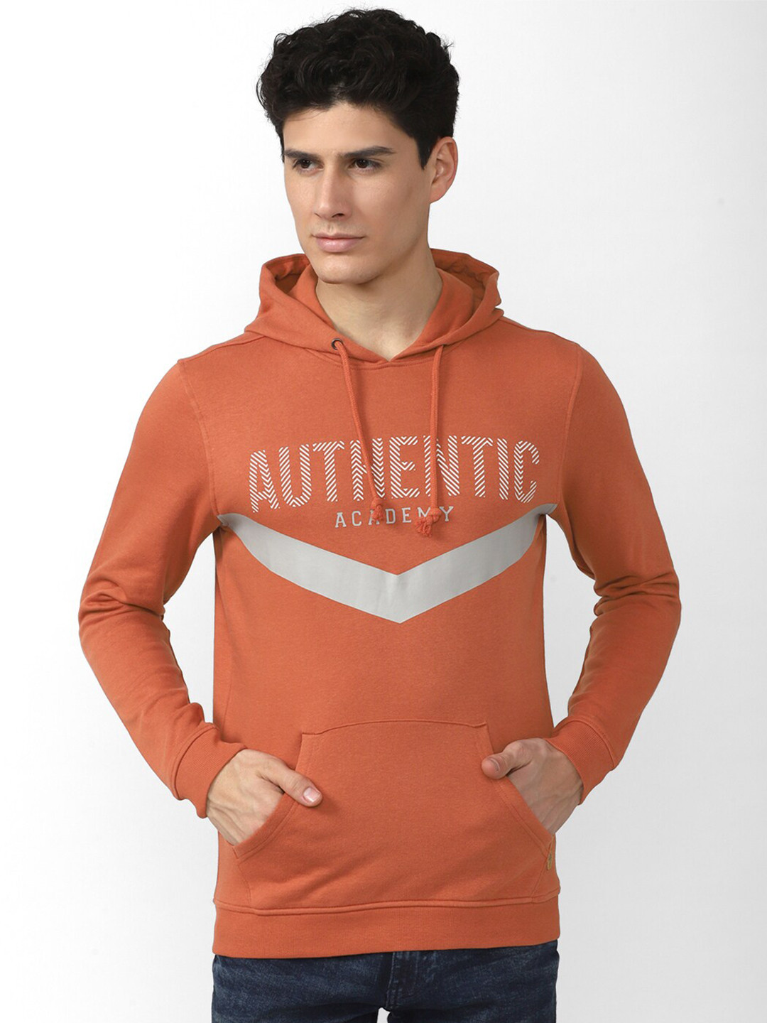 Van Heusen ACADEMY Men Orange Typography Printed Cotton Hooded Sweatshirt