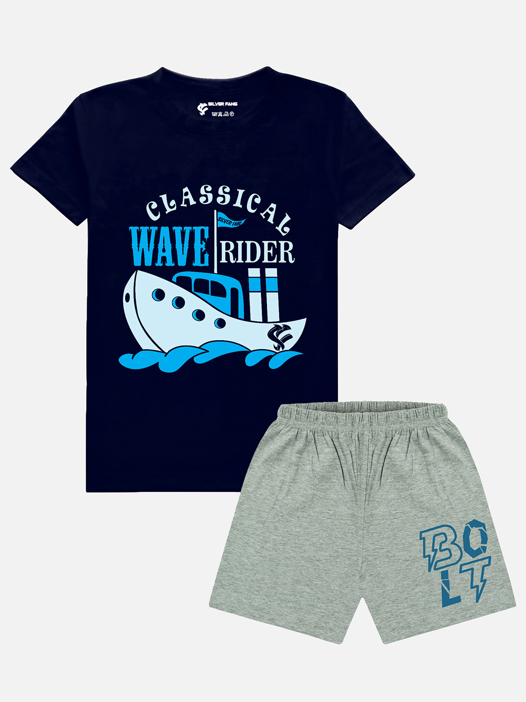Silver Fang Boys Navy Blue & White Printed Pure Cotton T-shirt with Shorts