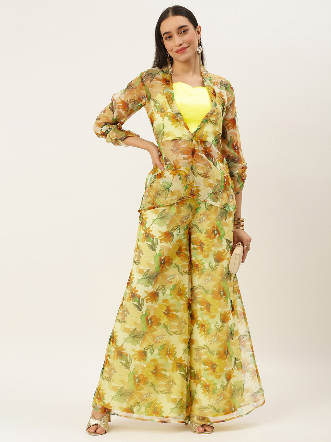 Ethnovog Ready To Wear Green Organza Palazzo N Jacket Co Ords Set